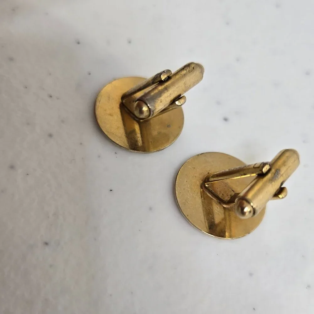Cufflinks Gold Tone Vintage MCM Geometric Circle Stripe Art Deco Style
